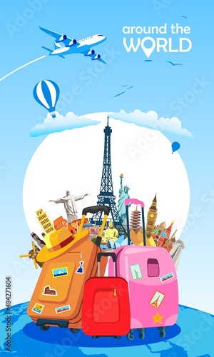 Travel in famous tourism landmarks and around the world attractions elements with luggage travelling bags. Colorful vector illustration