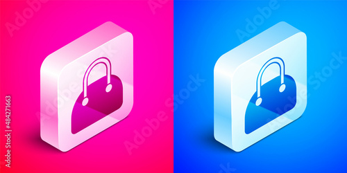 Isometric Handbag icon isolated on pink and blue background. Female handbag sign. Glamour casual baggage symbol. Silver square button. Vector