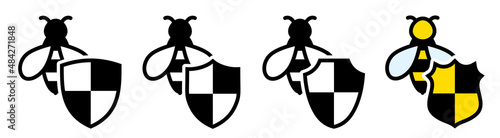 Bee icon behind shield, different versions. Honey bees protection concept