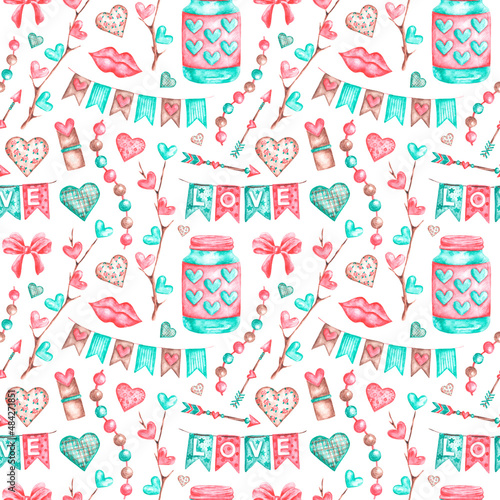Valentine day watercolor seamless pattern, digital paper. Love, valentine, wedding. Heart, lips, tag, Cupid's Arrow. Pink, red, turquoise colors. White background. For printing on textiles, paper