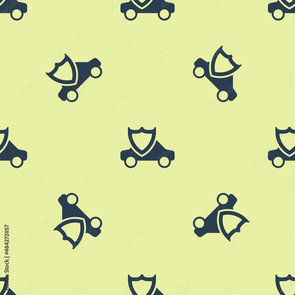 Blue Car with shield icon isolated seamless pattern on yellow background. Insurance concept. Security, safety, protection, protect concept. Vector
