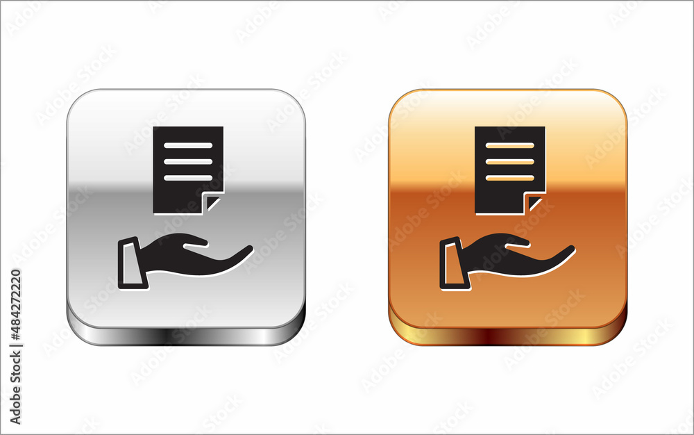 Black House contract icon isolated on white background. Contract creation service, document formation, application form composition. Silver and gold square buttons. Vector Black House contract icon isolated on white background. Contract creation service, document formation, application form composition. Silver and gold square buttons. Vector