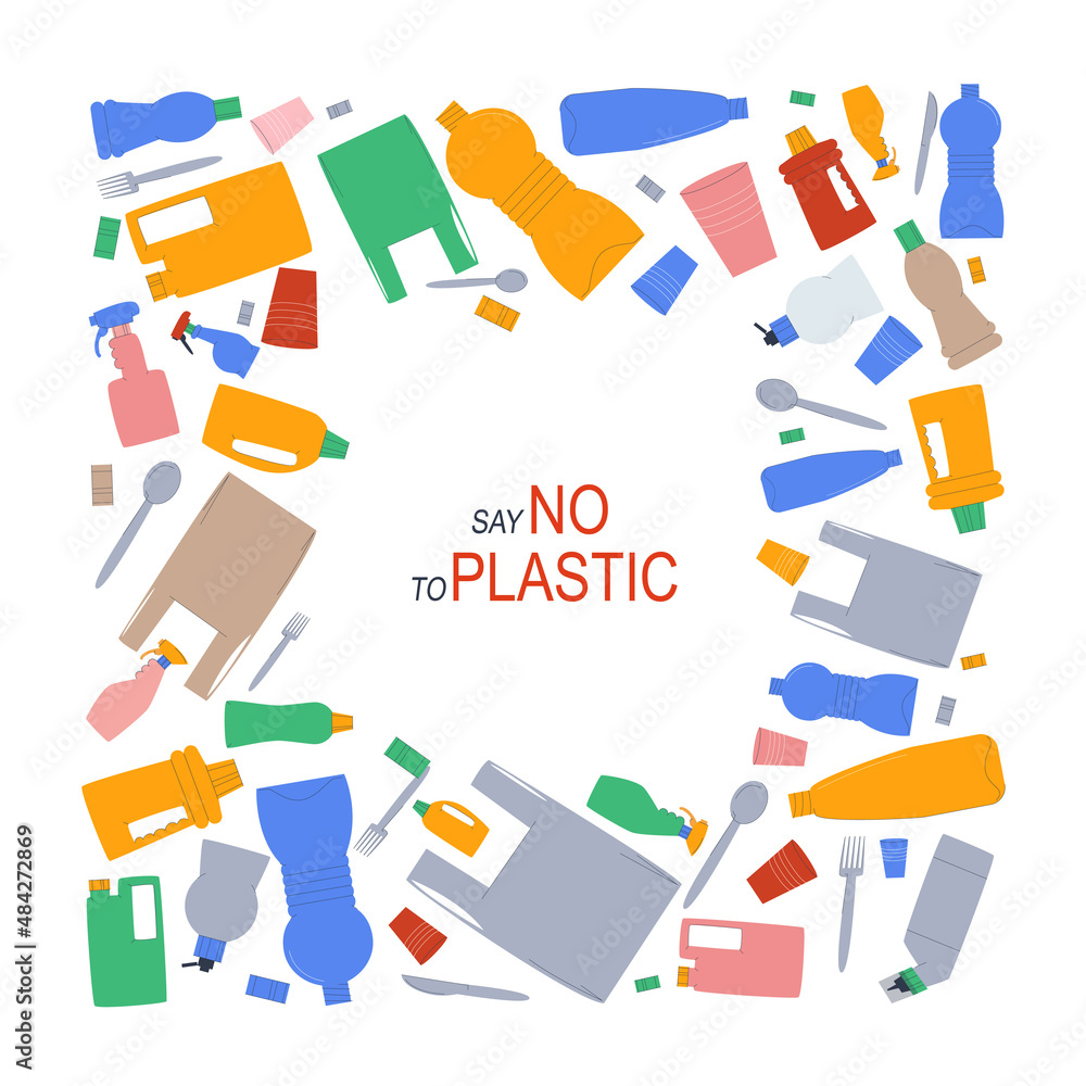 Say no to plastic. A variety of plastic bottles, packages, disposable tableware on a white background. Concept of plastic pollution problem. Flat vector illustration.