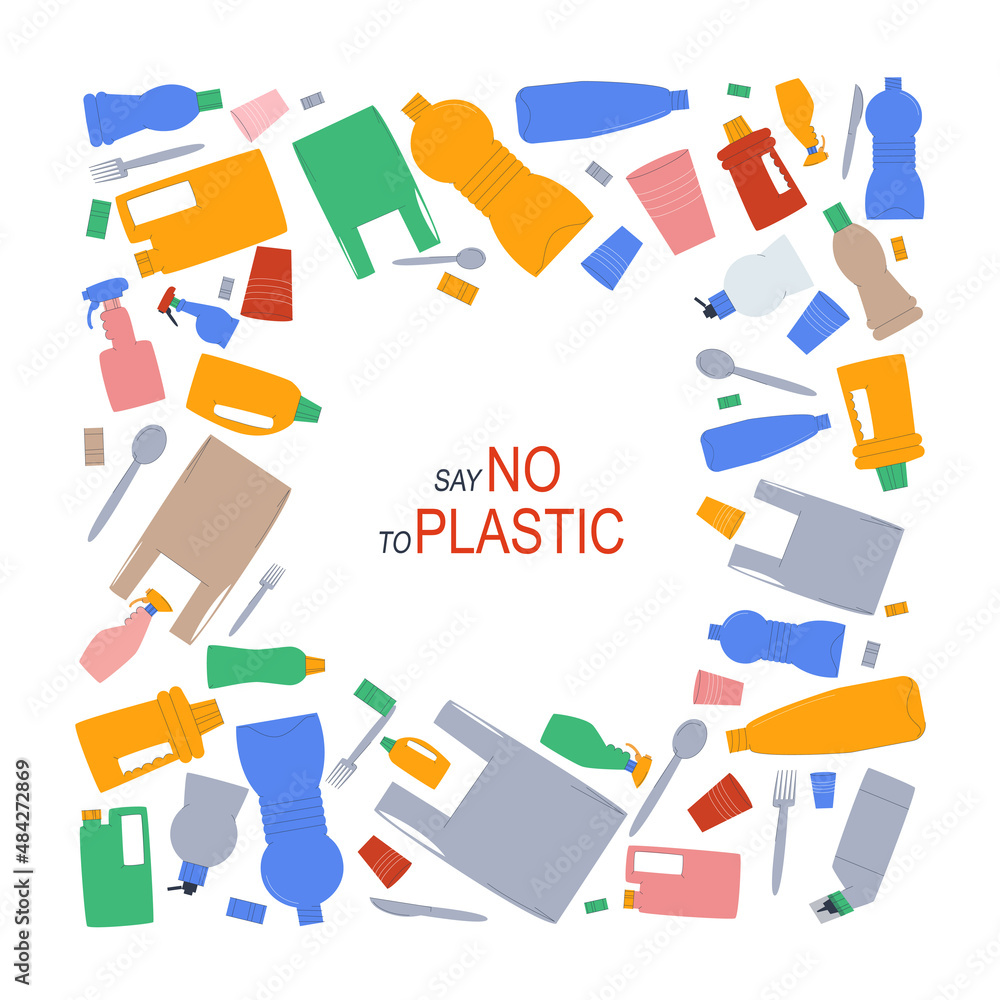 Say no to plastic. A variety of plastic bottles, packages, disposable tableware on a white background. Concept of plastic pollution problem. Flat vector illustration. Say no to plastic. A variety of plastic bottles, packages, disposable tableware on a white background. Concept of plastic pollution problem. Flat vector illustration.