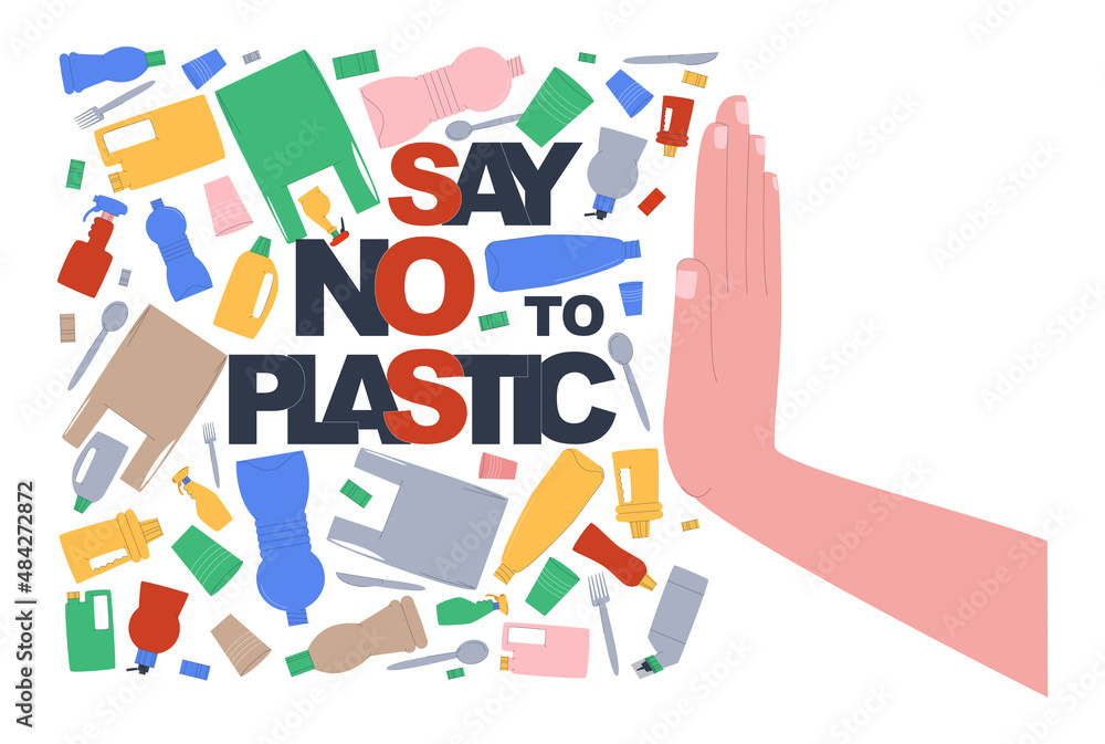 A hand pushes away a variety of plastic debris on a white background. Say no to plastic. Concept of plastic pollution problem. Environmental poster. Flat vector illustration A hand pushes away a variety of plastic debris on a white background. Say no to plastic. Concept of plastic pollution problem. Environmental poster. Flat vector illustration