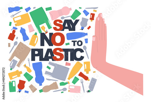 A hand pushes away a variety of plastic debris on a white background. Say no to plastic. Concept of plastic pollution problem. Environmental poster. Flat vector illustration