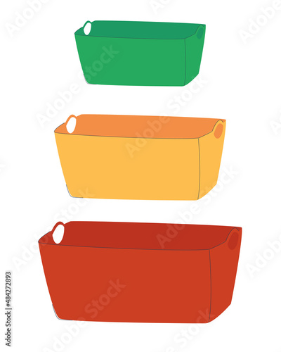Plastic basin, tray, container. Items for cleaning or storing things at home or in the office. Flat vector illustration.