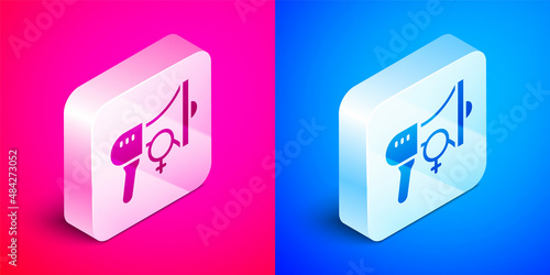 Isometric Female movement, feminist activist with banner and placards icon isolated on pink and blue background. Feminist rights movement, feminism sisterhood. Silver square button. Vector
