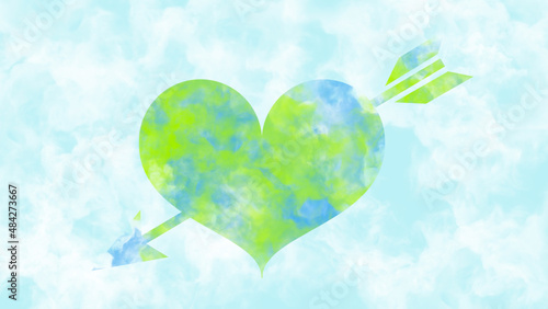 Blue watercolor background with green and blue watercolor heart