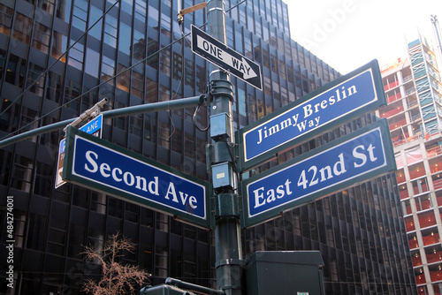 Blue East 42nd Street and Second Ave historic sign ( Jimmy Breslin Way ) in midtown Manhattan photo