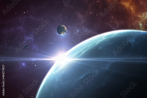 Planets outside our solar system. Exoplanets and exoplanetary systems, space background.