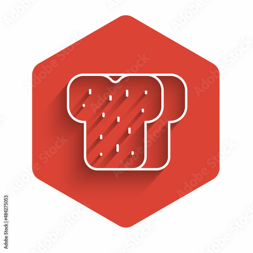 White line Bread toast for sandwich piece of roasted crouton icon isolated with long shadow. Lunch, dinner, breakfast snack. Red hexagon button. Vector