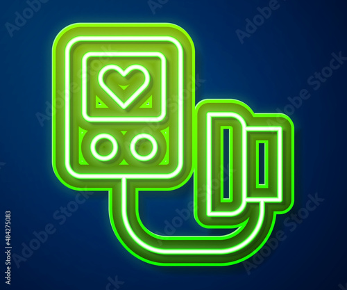Glowing neon line Blood pressure icon isolated on blue background. Vector