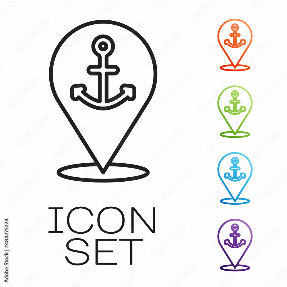 Black line Map pointer with anchor icon isolated on white background. Set icons colorful. Vector Black line Map pointer with anchor icon isolated on white background. Set icons colorful. Vector