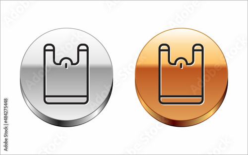 Black line Plastic bag icon isolated on white background. Disposable cellophane and polythene package prohibition sign. Silver-gold circle button. Vector