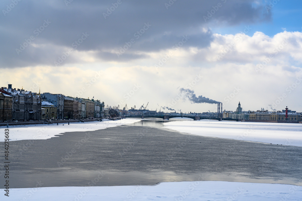 View of the frozen Neva River in St. Petersburg, opening up from the ice
