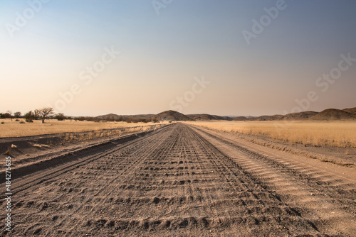Roadtrip in Damaraland, Namibia. Close up of a washboard gravel road in Namibia photo