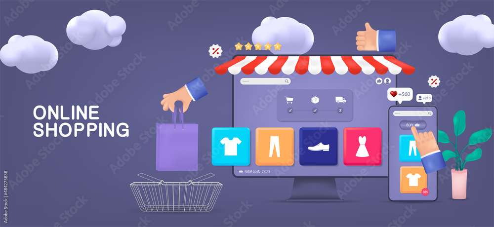 Online store concept. Shopping via Website or Mobile App. 3D Cartoon Realistic webpage template with online shopping concept. 3D PC and Smartphone with UI, UX interface. Сlothing store. Vector banner