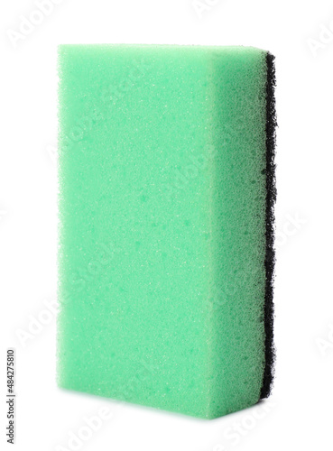 Green cleaning sponge with abrasive black scourer isolated on white