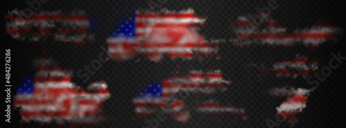 American flag smoke fragments. Set of USA flag cloud damaged pieces: red, white stripes and hazy stars isolated on semi transparent background. 3d realistic vector illustration