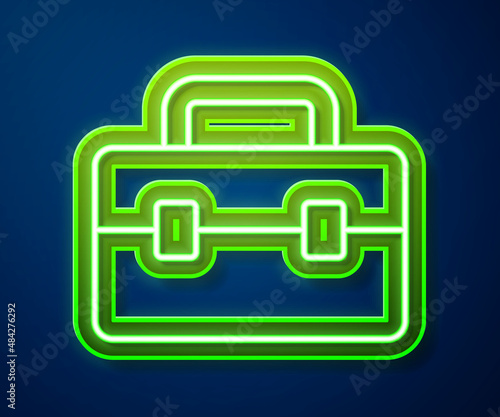 Glowing neon line Toolbox icon isolated on blue background. Tool box sign. Vector