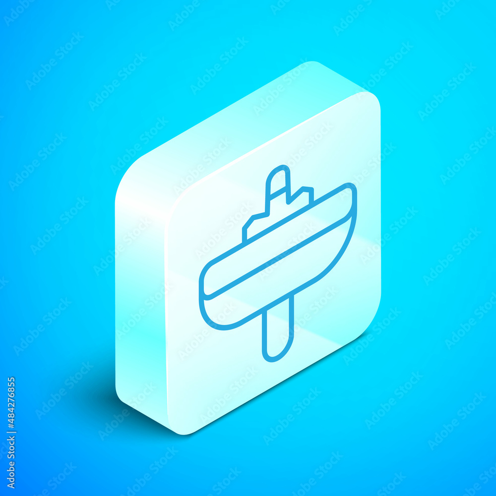 Fototapeta premium Isometric line Washbasin with water tap icon isolated on blue background. Silver square button. Vector