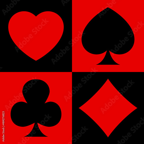 Casino suits. Hearts, Diamonds, Clubs, Spades. Red and black background.