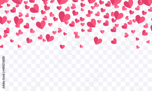 Background of hearts falling from above. A lot of pink paper hearts isolated on a transparent background. Flying hearts.