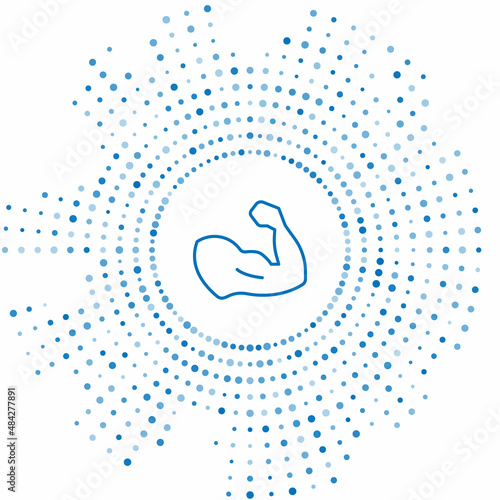 Blue line Bodybuilder showing his muscles icon isolated on white background. Fit fitness strength health hobby concept. Abstract circle random dots. Vector