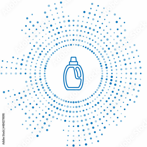 Blue line Plastic bottle for laundry detergent, bleach, dishwashing liquid or another cleaning agent icon isolated on white background. Abstract circle random dots. Vector
