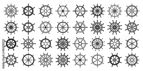 Collection of vintage steering wheels. Ship, yacht retro wheel symbol. Nautical rudder icon. Marine design element. Vector illustration