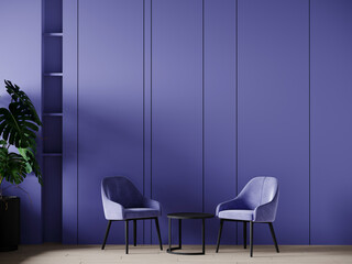Crédence de cuisine Pantone 2022 very peri Very peri trendy color year 2022 in the living lounge room. Panels mockup wall for art and blue lavender chairs. Mockup modern room design. 3d rendering  © Viktoriia Lytvyn