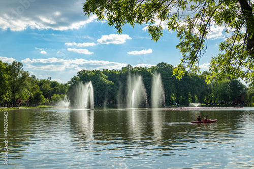 Fototapeta Naklejka Na Ścianę i Meble -  Fountains in the Zalew Nowohucki Park, Krakow, Poland