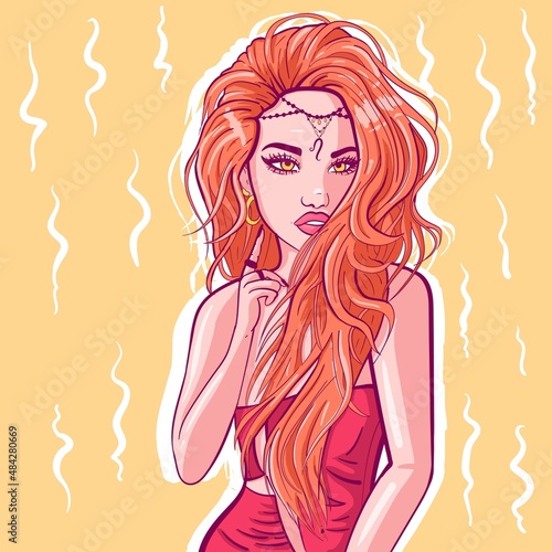 Conceptual art of a young redhead girl with curly hair and jewels on her forehead. Portrait of a leo woman born in august with character and pride. Vector zodiacal illustration