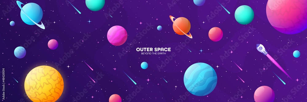 Space futuristic modern colorful background with rocket. Starship, spaceship in night sky. Solar system, galaxy and universe exploration. Vector illustration. Space futuristic modern colorful background with rocket. Starship, spaceship in night sky. Solar system, galaxy and universe exploration. Vector illustration.