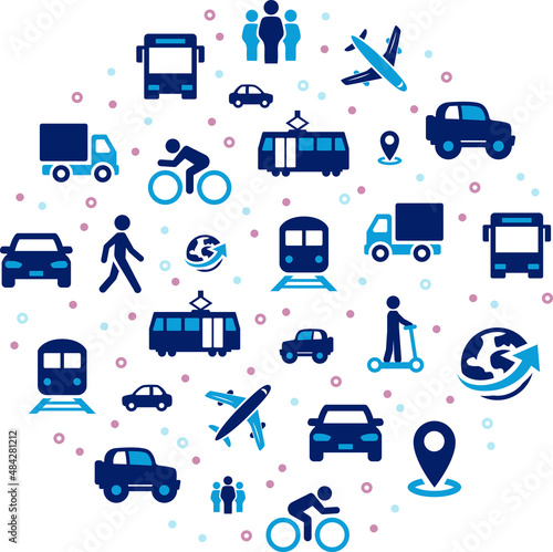 Traffic vector illustration. Blue concept with icons related to transportation, public transport, travel by car, bus, train, boat, bike, airplane or other vehicle on the road, drive or journey.