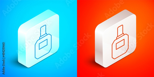Isometric line Aftershave icon isolated on blue and red background. Cologne spray icon. Male perfume bottle. Silver square button. Vector