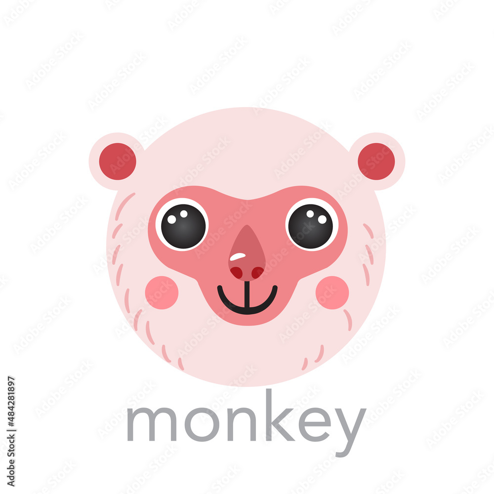 Cute monkey Japanese portrait avatar with name text smile head cartoon round shape animal face, isolated vector icon illustrations. Flat simple hand drawn for kids poster UI, t-shirts, baby clothes Cute monkey Japanese portrait avatar with name text smile head cartoon round shape animal face, isolated vector icon illustrations. Flat simple hand drawn for kids poster UI, t-shirts, baby clothes