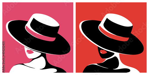 Young woman in the hat and with bright lips. Vector illustration for poster, print on clothes. Fashion & Style.