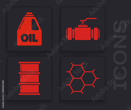 Set Chemical formula consisting of benzene rings, Canister for motor machine oil, Industry metallic pipes and valve and Barrel oil icon. Vector