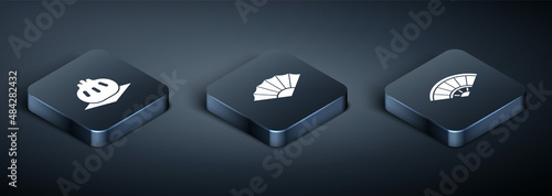 Set Isometric Khinkali on cutting board, Paper chinese or japanese folding fan and Paper chinese or japanese folding fan icon. Vector