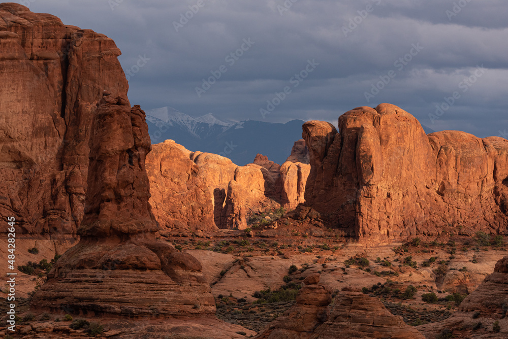 Rock formations in the desert of Utah illuminated at sunset, Arches Natioanl Park
