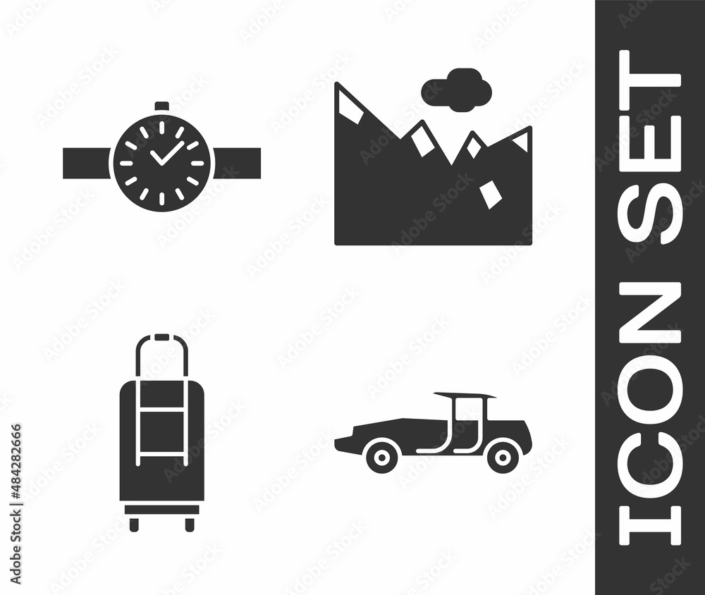 Set Car, Wrist watch, Suitcase and Mountains icon. Vector Set Car, Wrist watch, Suitcase and Mountains icon. Vector