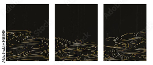 Abstract japanese landscape background with golden waves in japanese line art style. Vector pattern on a black background for design, print, decor, banner