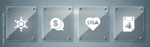 Set Calendar with date July 4, USA Independence day, Coin money dollar and Hexagram sheriff. Square glass panels. Vector