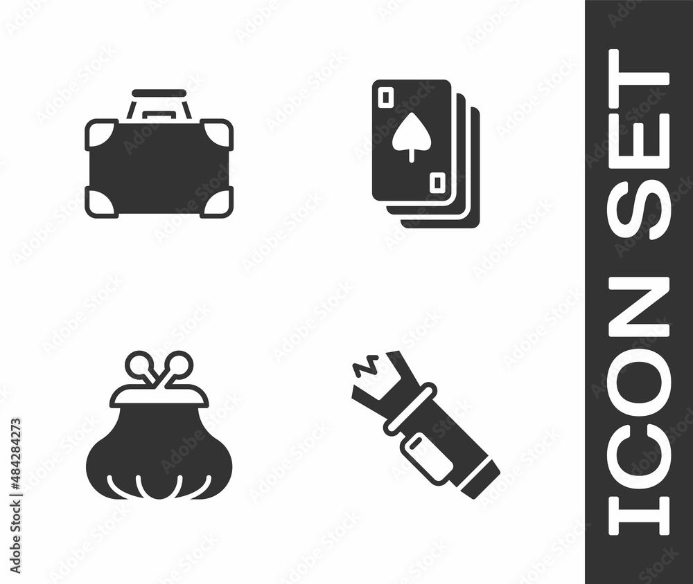 Set Police electric shocker, Briefcase and money, Wallet and Playing cards icon. Vector Set Police electric shocker, Briefcase and money, Wallet and Playing cards icon. Vector