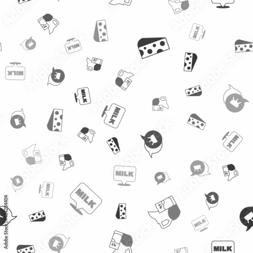 Set Cheese, Milk jug or pitcher and glass, Udder and Lettering milk on seamless pattern. Vector