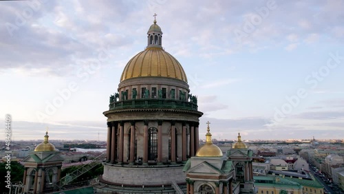 Golden dome of Isaac cathedral at sunrise dron.