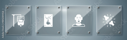 Set Joint pain, knee pain, Head of deaf and dumb, Separated toilet for disabled and IV bag. Square glass panels. Vector
