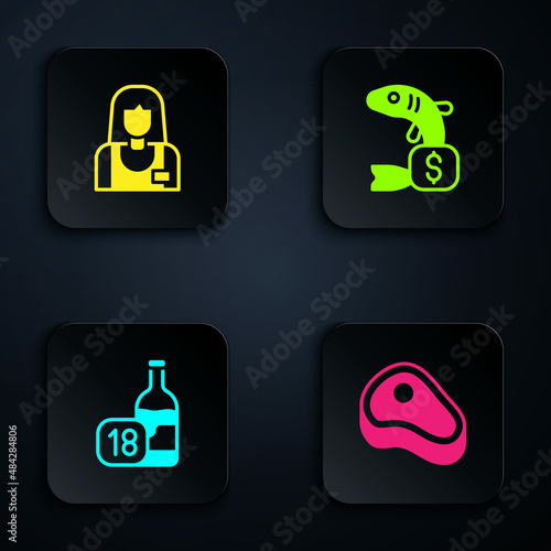 Set Steak meat, Seller, Wine bottle and Price tag for fish. Black square button. Vector